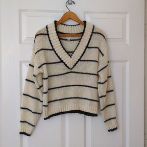 Striped V-Neck Fuzzy Pullover Sweater Cream Black White - A New Day Target
